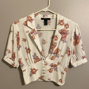 White Floral Blouse with V-Neckline (S)